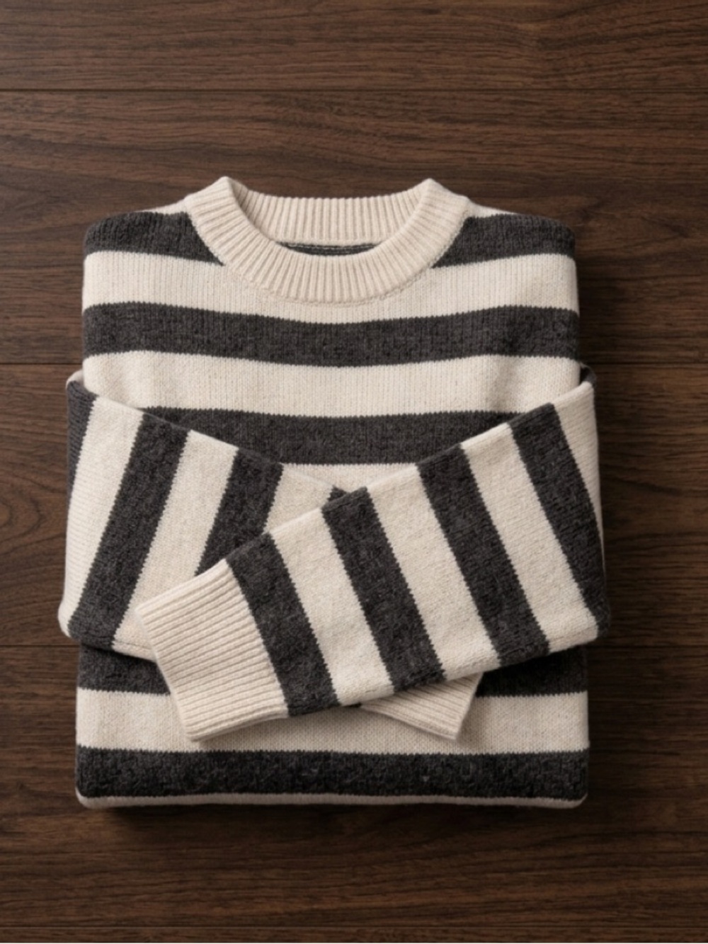 Striped Crewneck Sweater in Cream and Charcoal